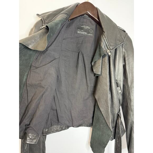 AllSaints Spitalfields Y2K Jacks Place Leather Moto Belted Black Jacket Sz 8 S - Picture 4 of 16